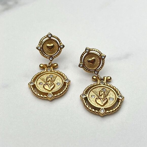 New! “Carmella” Cupid Heart Gold Drop Earrings - Picture 4 of 5